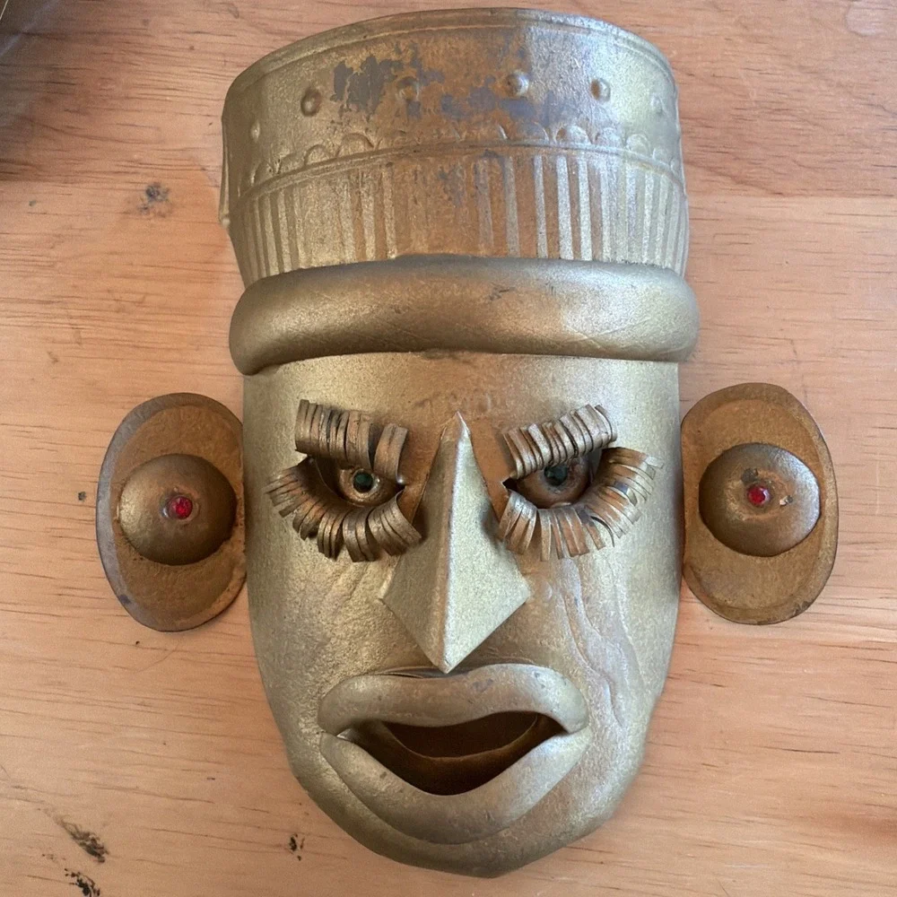 3 VNTG Mexican Tin Metal Masks Beaded Eyes Folk Art Primitive Style Tribal 6